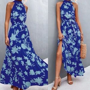 Boho blue floral print halter belted maxi dress